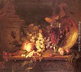 Wine Canvas Paintings - Still Life with Fruit, a Glass of Wine and a Bronze Vessel on a Ledge